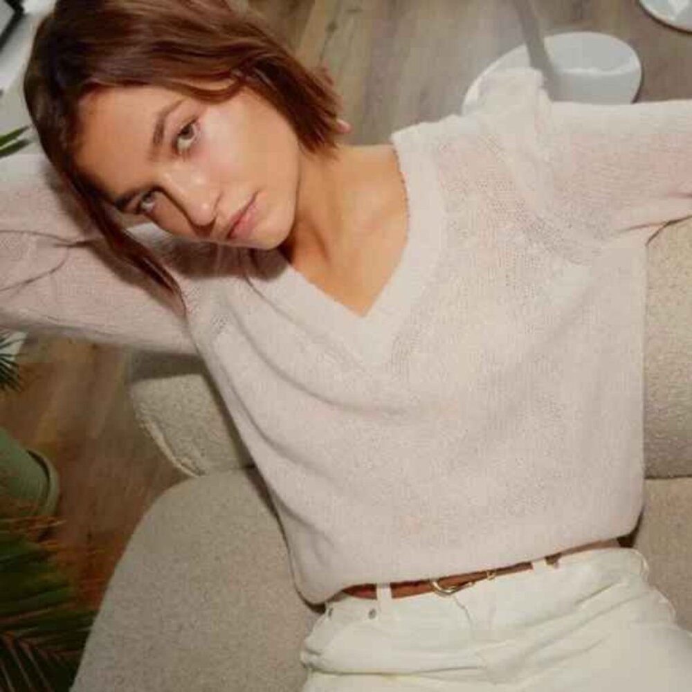 Nation LTD Lara Puff Shoulder V-Neck Sweater in Baby's Breath Size XL NEW